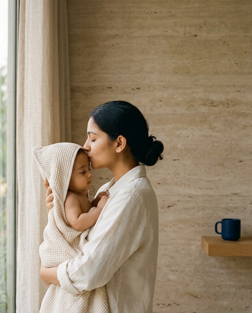A mother kissing her baby, wrapped in a hooded waffle towel after bath time