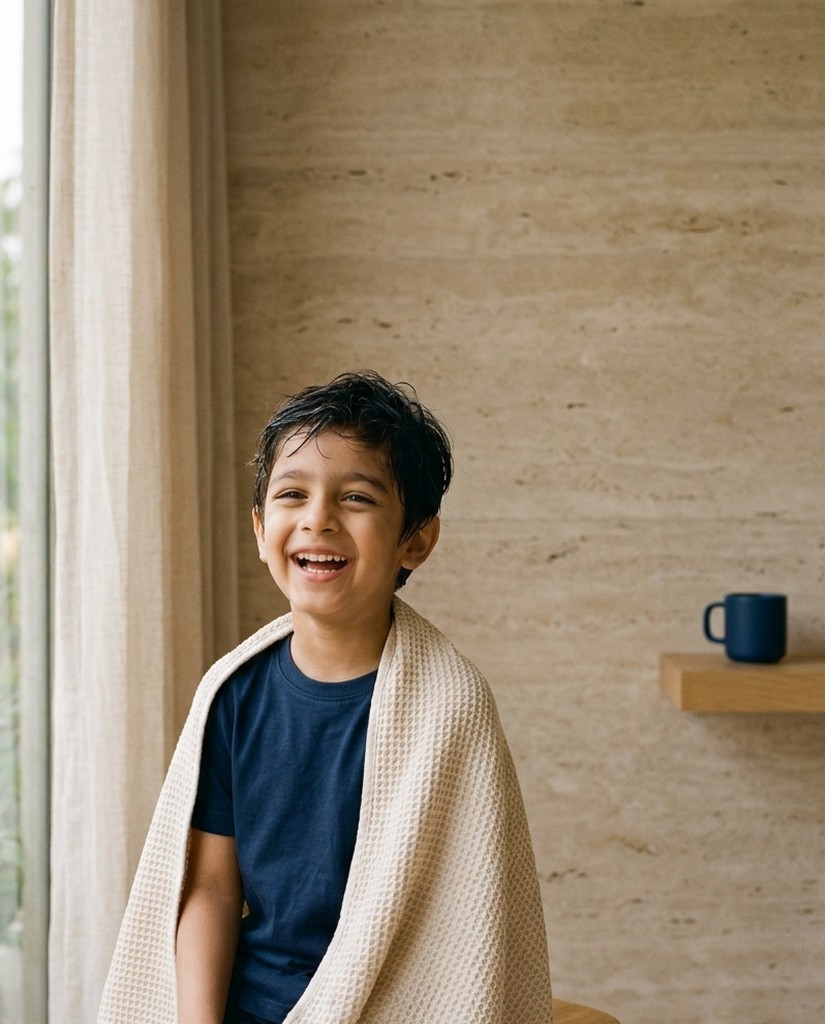 A laughing child wrapped in a waffle towel after a bath