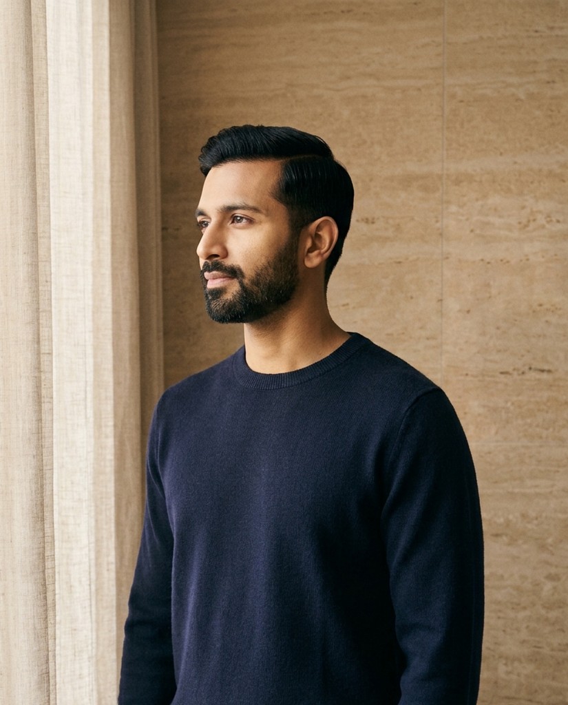 A man in a navy sweater beside a limestone wall