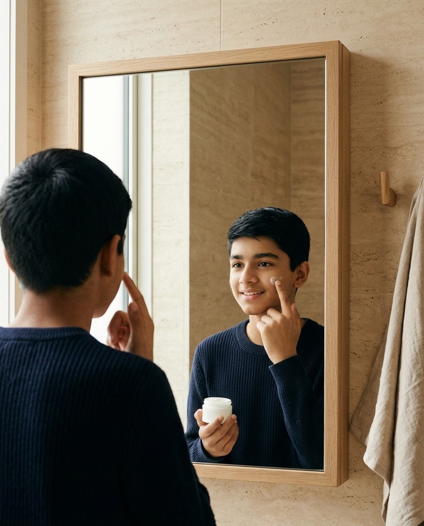 A teenager dabbing on moisturiser at the bathroom mirror
