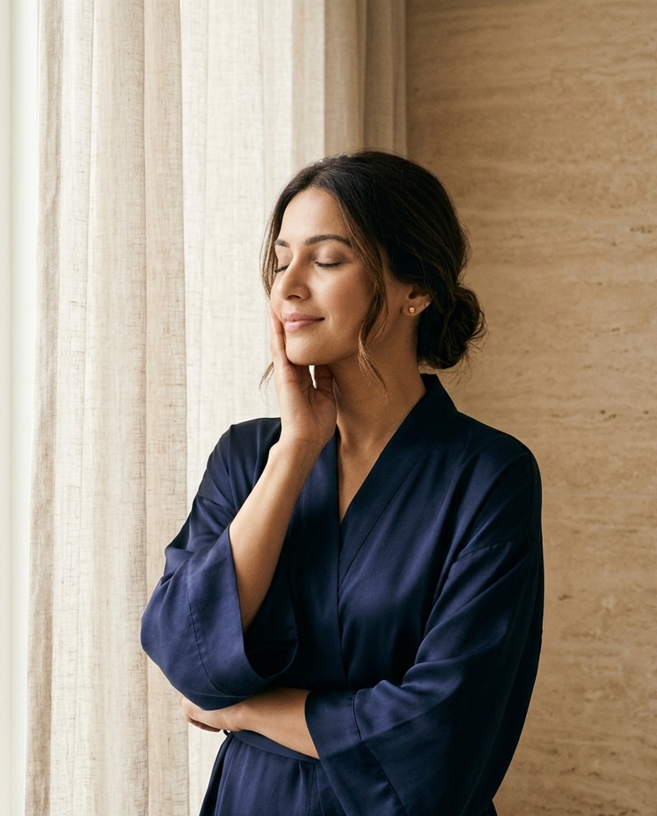 A woman in a navy robe with eyes closed in soft window light